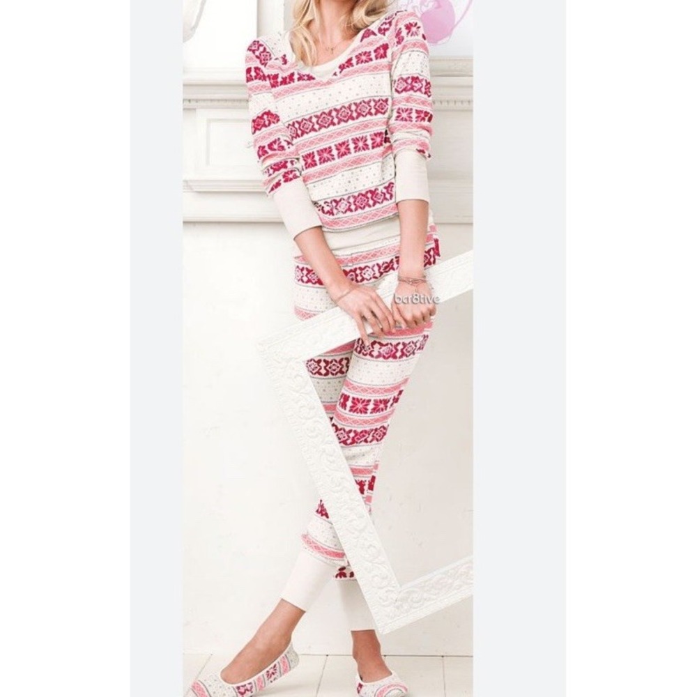 Victoria's Secret Thermal Waffle Knit Pajama Set Fair Isle Snowflake Heart Sz XL